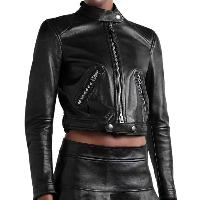 Luxury Black Cropped Leather Biker Jacket