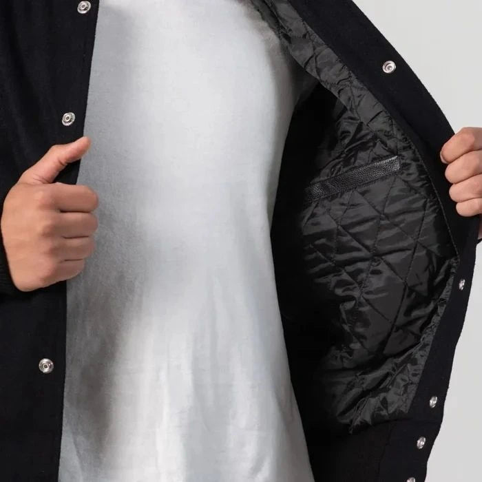 Black Wool Varsity Jacket with Black Leather Sleeves