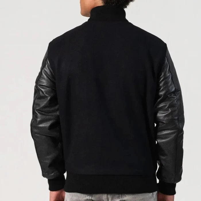 Black Wool Varsity Jacket with Black Leather Sleeves