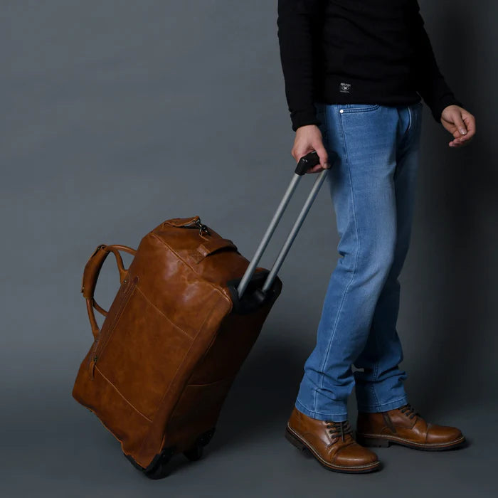 Premium Brown Leather Duffle Bag with Wheels
