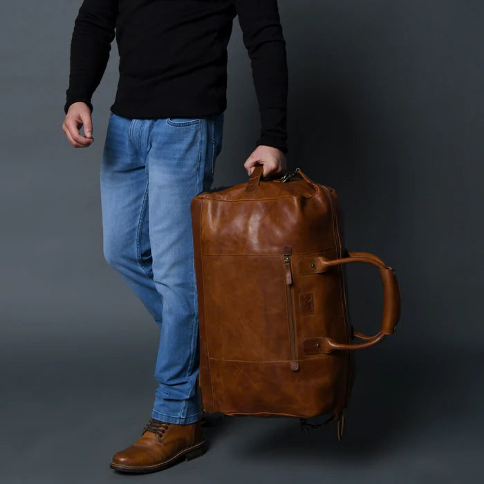 Premium Brown Leather Duffle Bag with Wheels