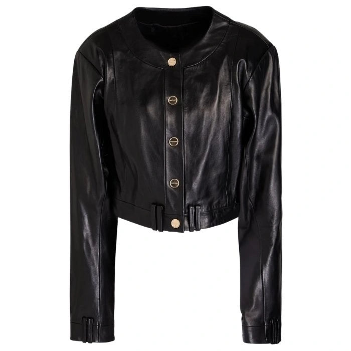 Sierra cropped black leather jacket with gold buttons, flat lay front view