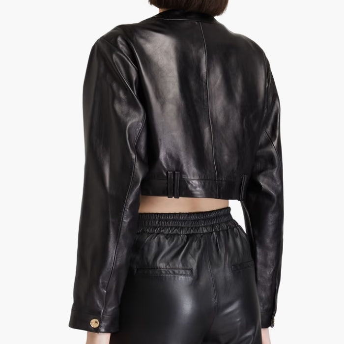 Back view of Sierra black leather jacket showing cropped length and clean stitching