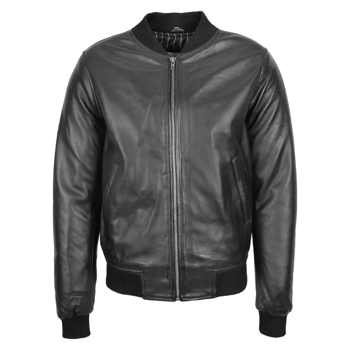 Casual black bomber leather jacket with a smooth finish, ribbed collar, cuffs, and waistband, featuring a full front zipper