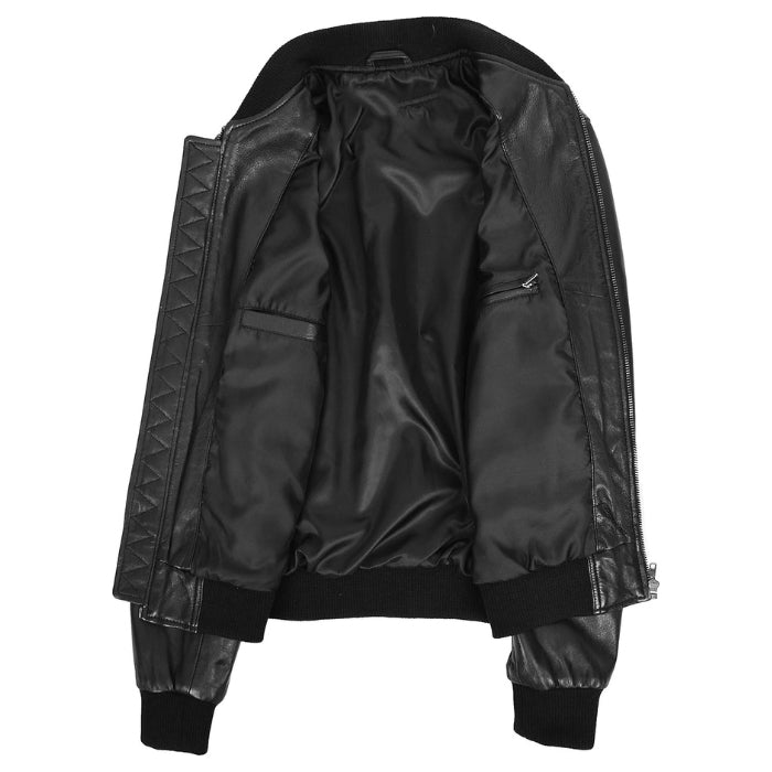 Inside view of the casual black bomber leather jacket showing the smooth satin lining, inner pockets, and quilted design on the sleeves