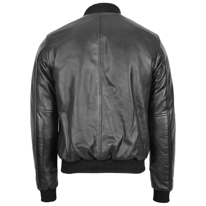 Back view of the casual black bomber leather jacket, featuring a clean, smooth design with ribbed waist and cuffs