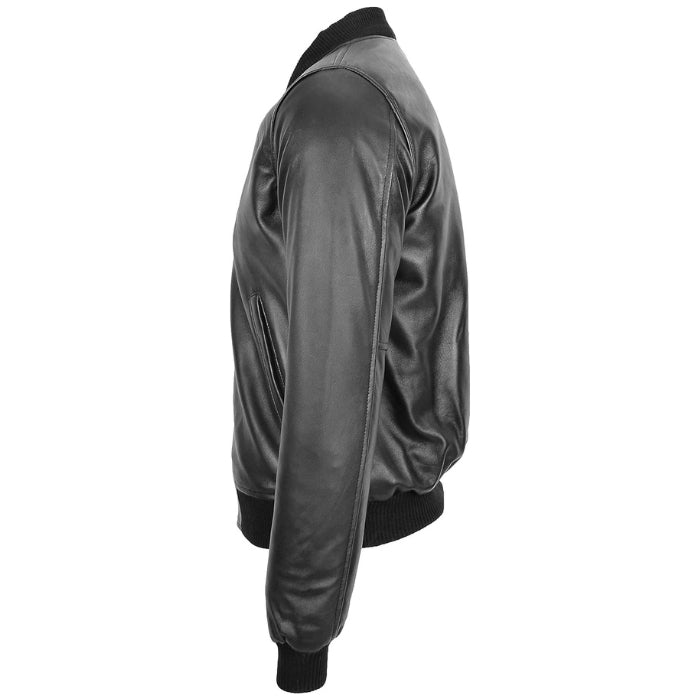 Side view of the casual black bomber leather jacket highlighting the sleek leather finish, ribbed cuffs, and waist