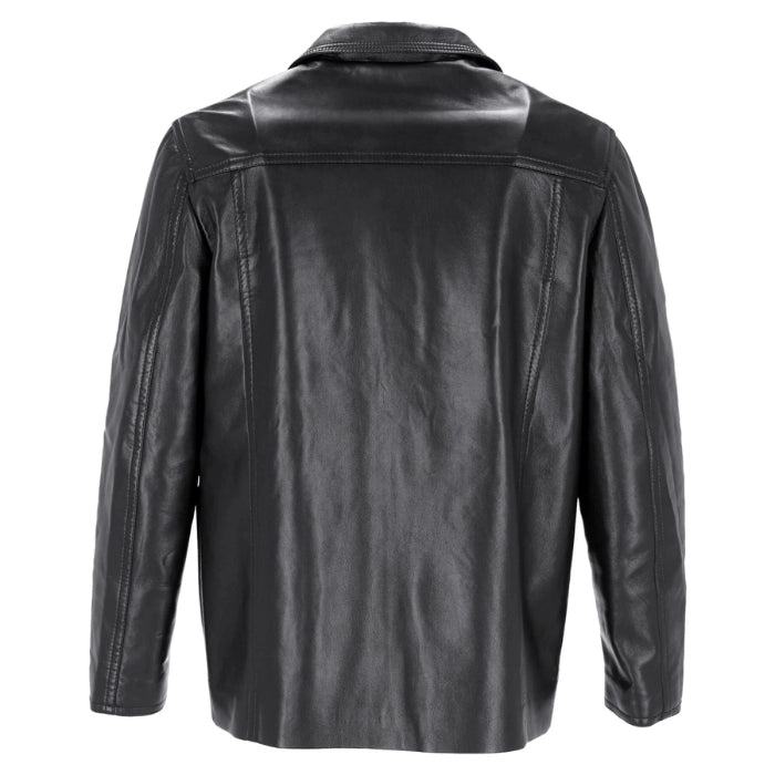 Back view of black button leather jacket on a white background