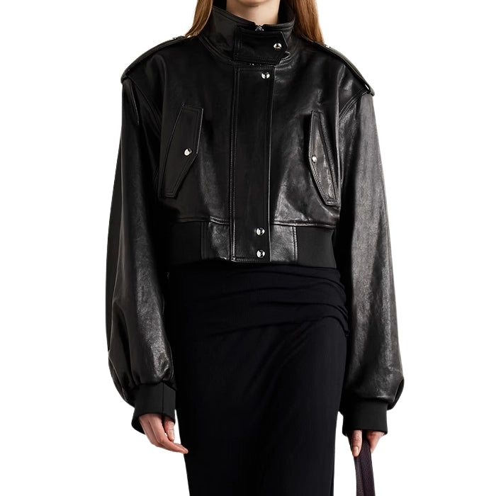 Ayra Cropped Leather Bomber Jacket