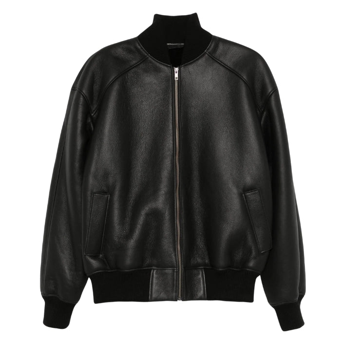 Front view of Oversized Black Bomber Leather Jacket