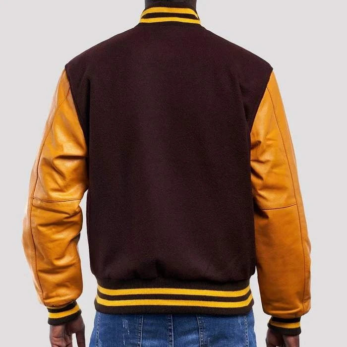 Dark Brown Wool Varsity & Bright Gold Leather Sleeves Jacket