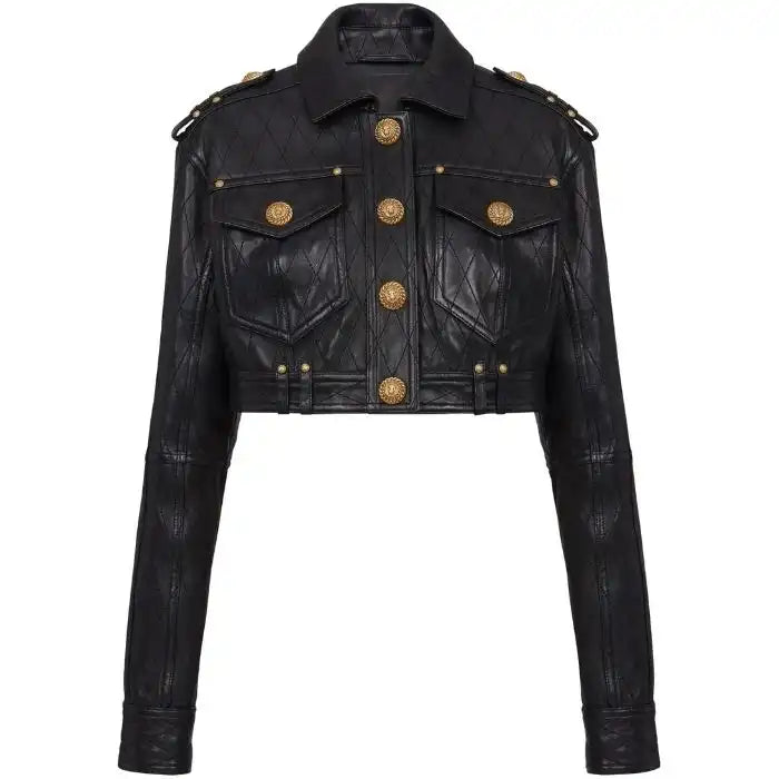 Diamond-Stitch Luxe Leather Crop Jacket