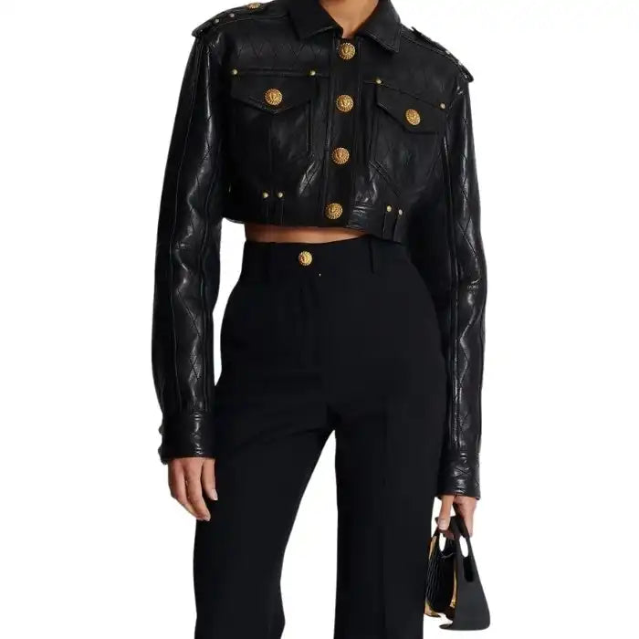 Diamond-Stitch Luxe Leather Crop Jacket