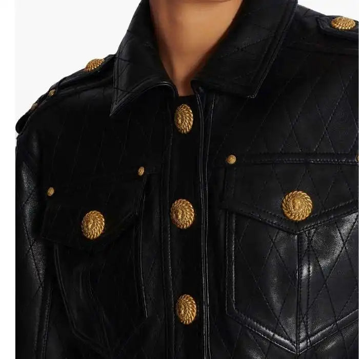 Diamond-Stitch Luxe Leather Crop Jacket