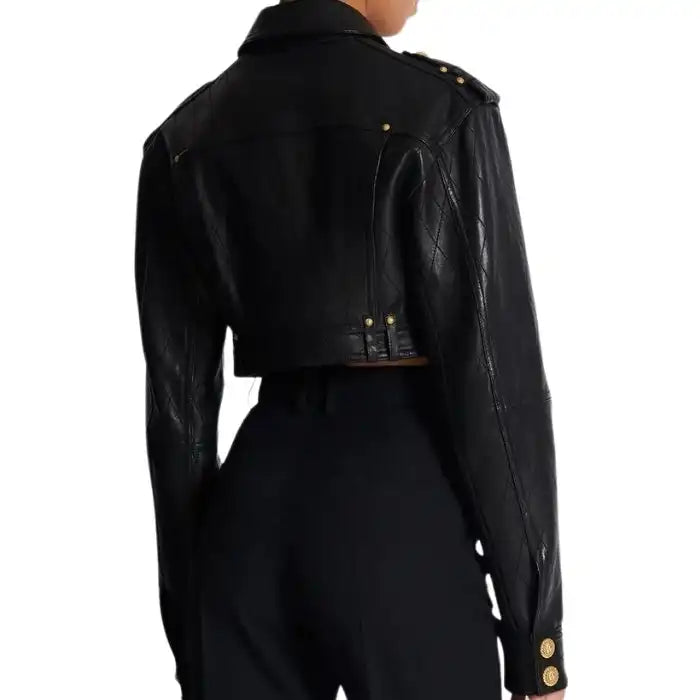 Diamond-Stitch Luxe Leather Crop Jacket