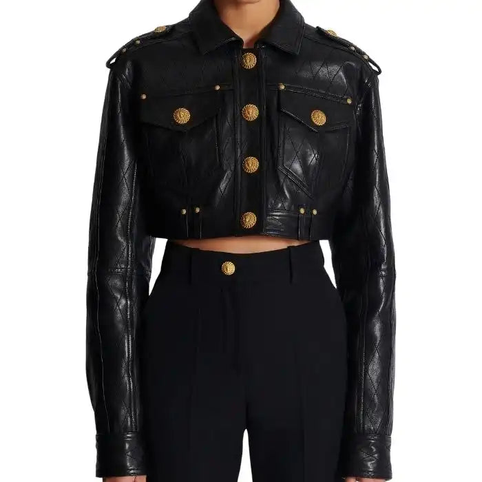 Diamond-Stitch Luxe Leather Crop Jacket