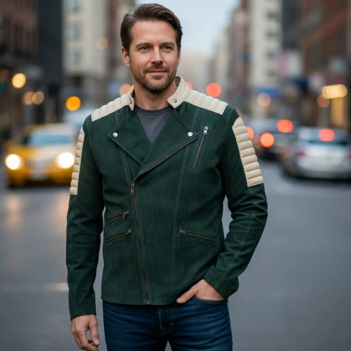Frontier Timber Green Suede Biker-Style Moto Jacket