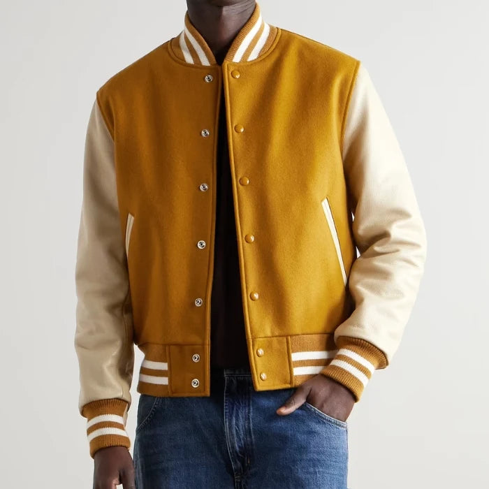 Prescott Gold Wool & Beige Leather Varsity Jacket