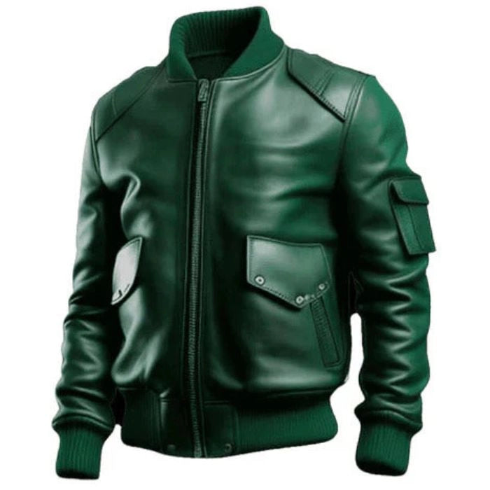 Side angle of sheepskin bomber jacket with pocket detail