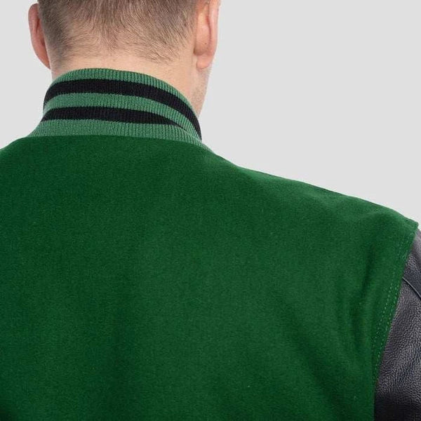 Green Wool Body & Black Leather Sleeves Varsity Jacket