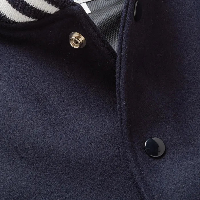 Hayes Navy Wool Varsity Jacket with White Leather Detail