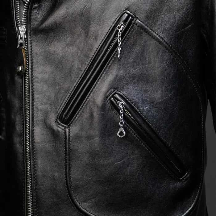 Close-up of a black moto leather jacket with zipper details