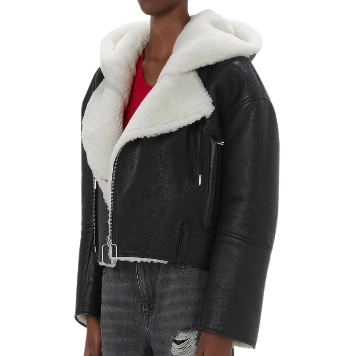 Ivenza Hooded Fur Shearling Leather Biker Jacket