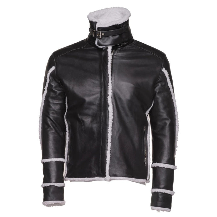 Kaelen Leather Shearling Bomber Jacket with Double Collar
