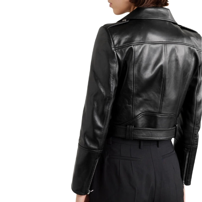 Kavira Cropped Belted Leather Biker Jacket