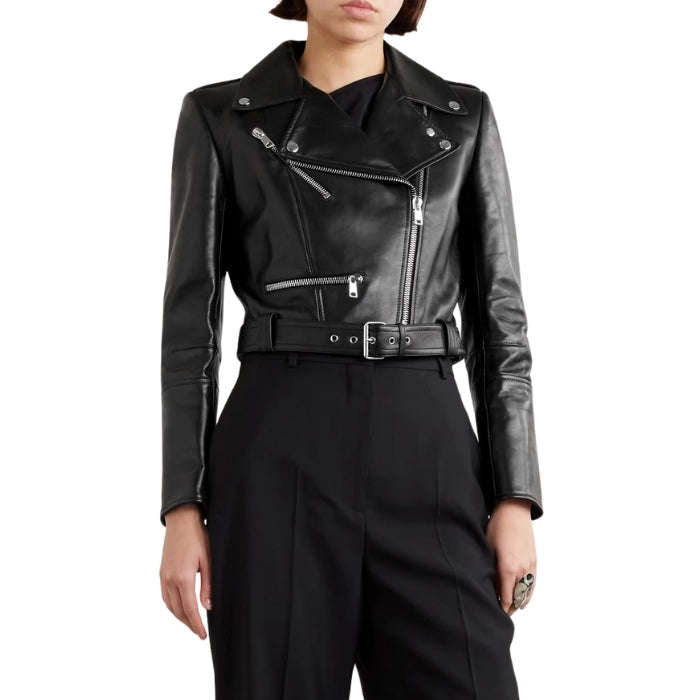 Kavira Cropped Belted Leather Biker Jacket