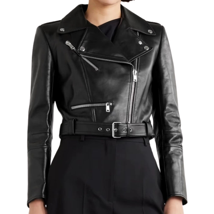 Kavira Cropped Belted Leather Biker Jacket