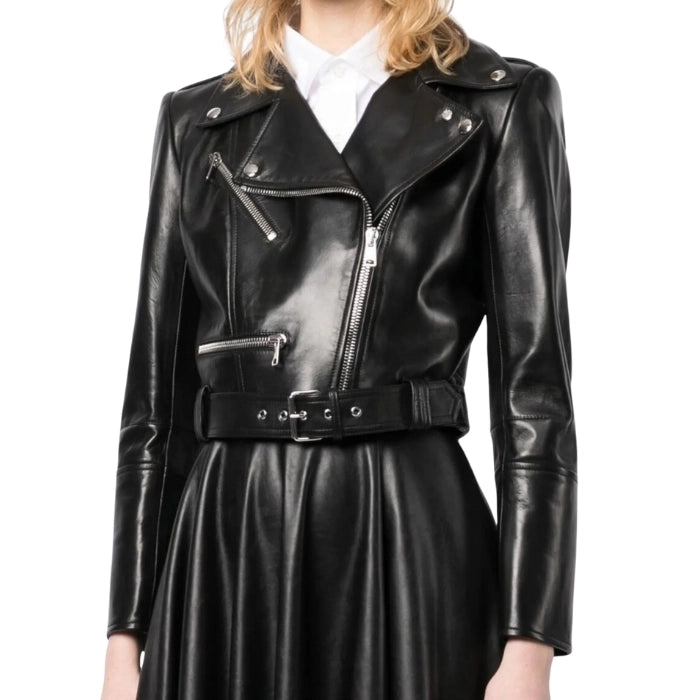 Kavira Cropped Belted Leather Biker Jacket