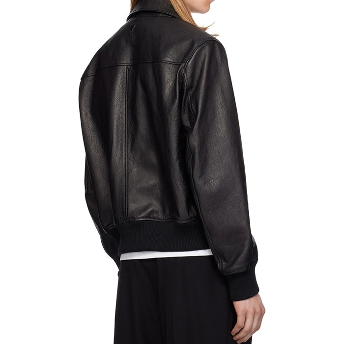 Refined Long-Sleeved Black Leather Bomber Jacket