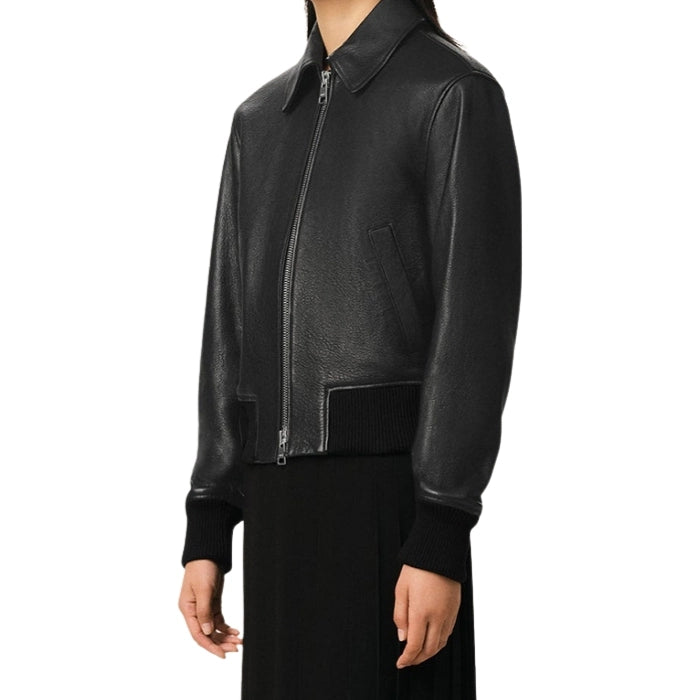 Refined Long-Sleeved Black Leather Bomber Jacket