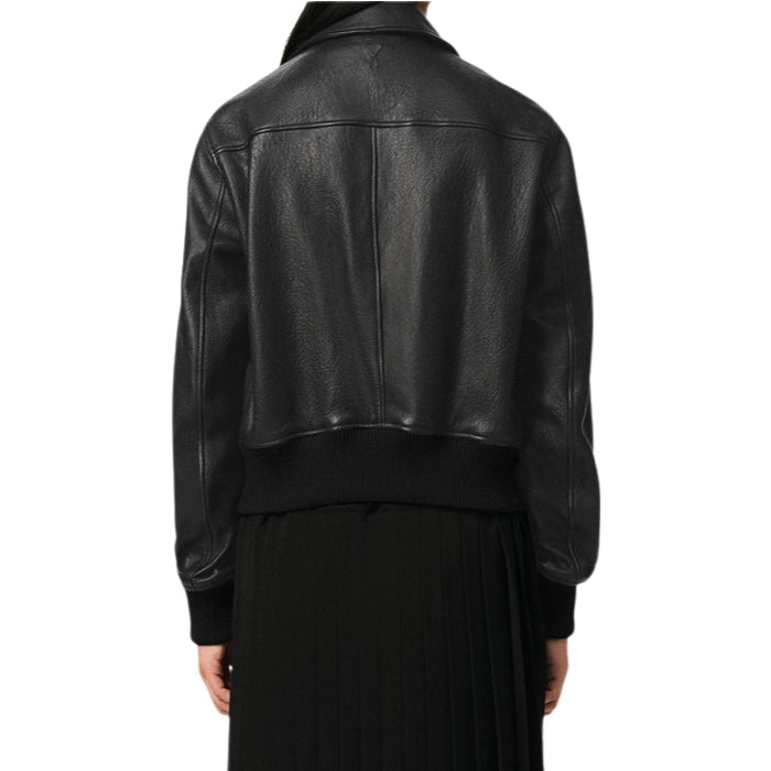 Refined Long-Sleeved Black Leather Bomber Jacket