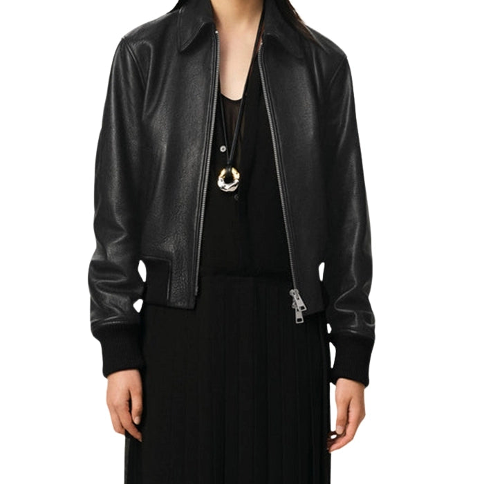 Refined Long-Sleeved Black Leather Bomber Jacket