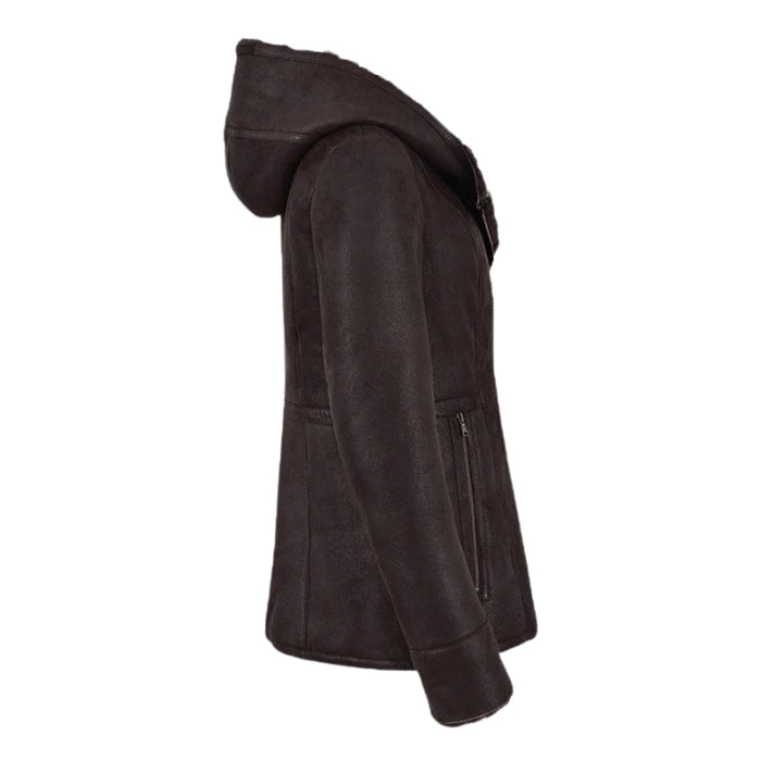 Luxella Women’s Hood Shearling Fur Collar Jacket - Dark Brown