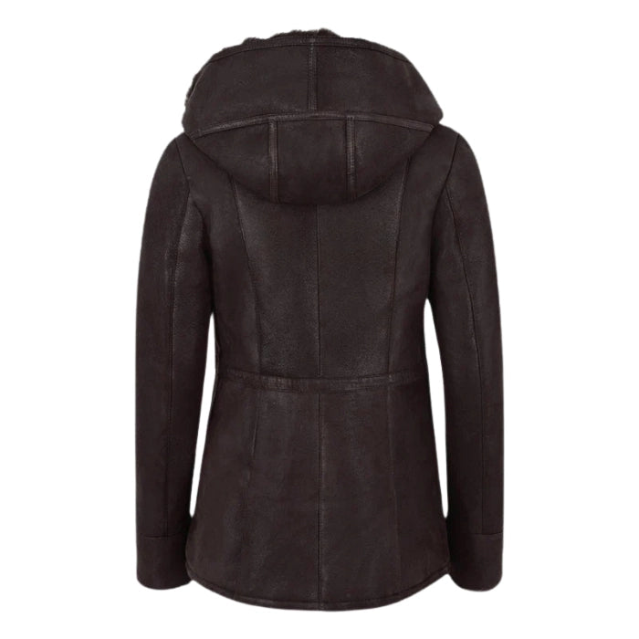 Luxella Women’s Hood Shearling Fur Collar Jacket - Dark Brown