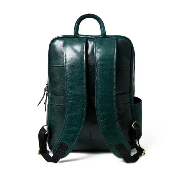 Green leather backpack on a white background