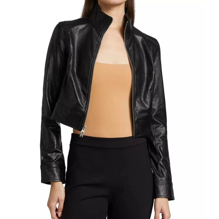 Lynza Long Sleeve Cropped Leather Biker Jacket