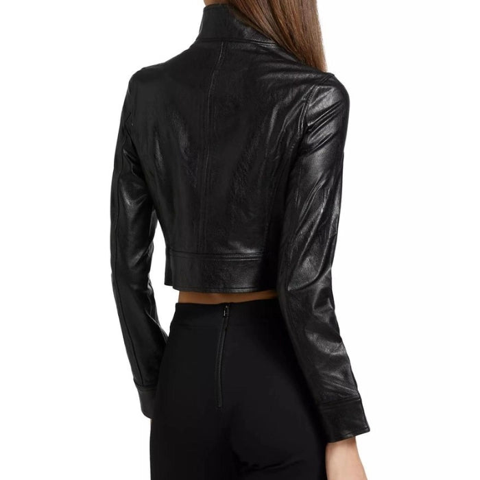 Lynza Long Sleeve Cropped Leather Biker Jacket