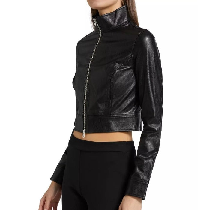 Lynza Long Sleeve Cropped Leather Biker Jacket