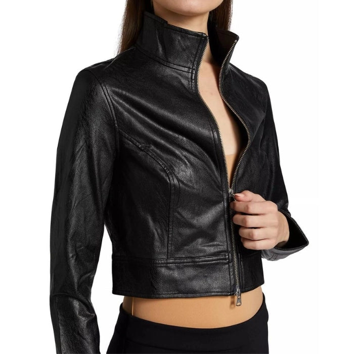 Lynza Long Sleeve Cropped Leather Biker Jacket