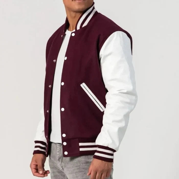 Maroon Wool Body & Bright White Leather Sleeves Varsity Jacket
