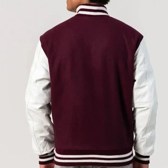 Maroon Wool Body & Bright White Leather Sleeves Varsity Jacket