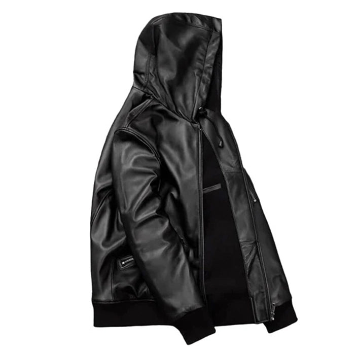 Men's Black Hooded Motorcycle Bomber Leather Jacket
