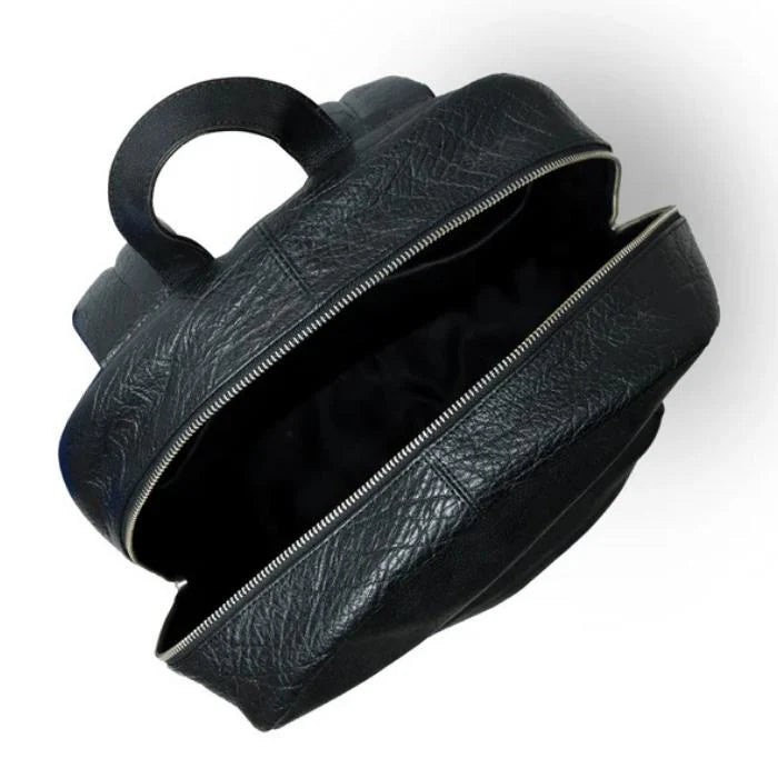 Black leather handbag with a zipper on a white background