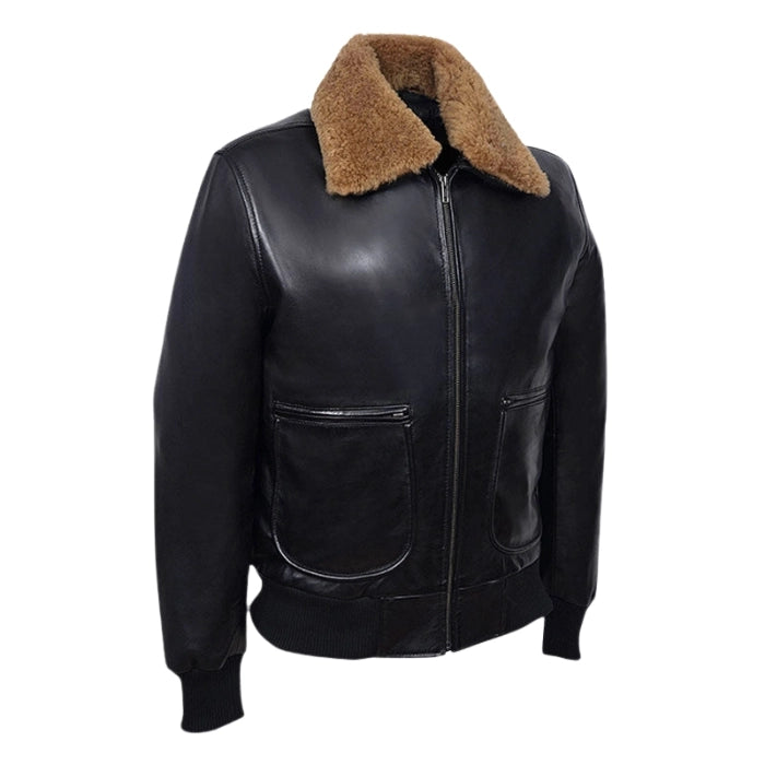 Norveil Shearling Tan Fur Collar Leather Bomber Jacket