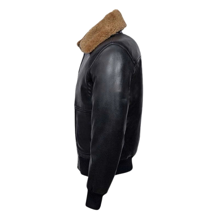 Norveil Shearling Tan Fur Collar Leather Bomber Jacket