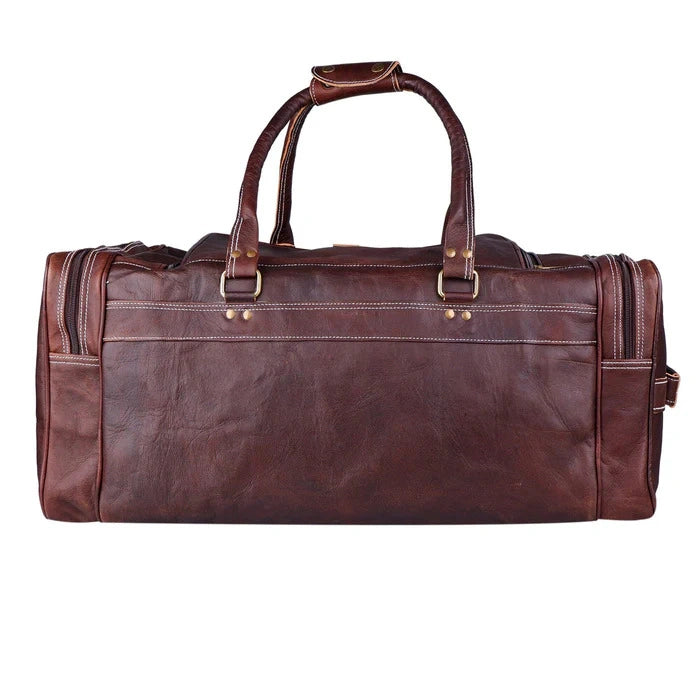Brown leather duffel bag on a white background